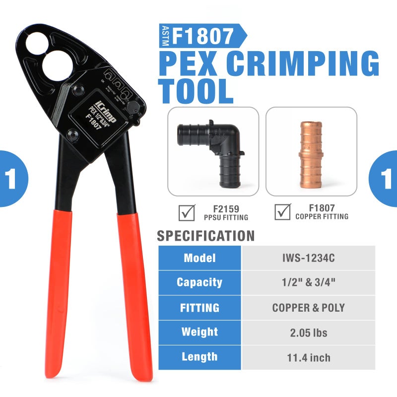 IWISS Angle PEX Crimping Tools Combo Kits for 1/2" & 3/4" Pex Crimp Rings with Go/No-Go Gauge with PEX Pipe Cutter Suits for All US F1807 Standards Copper Rings - Image 2